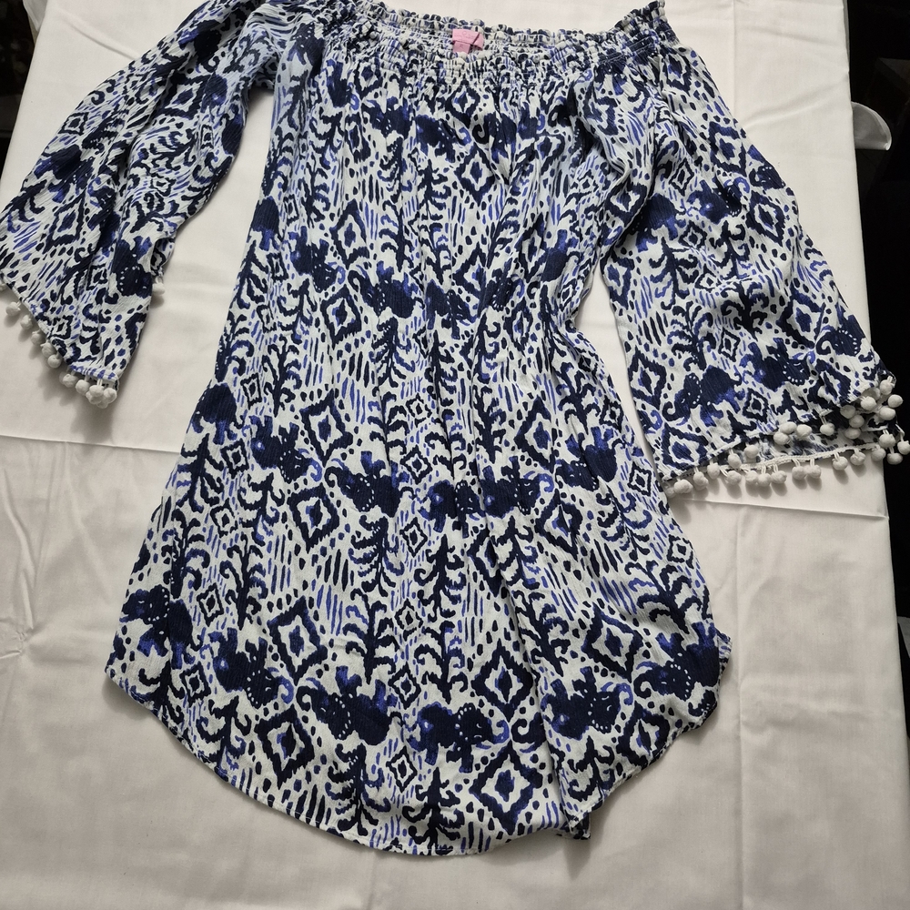 Lilly Pulitzer Blue and White Strapless Dress Xl - Picture 6 of 7